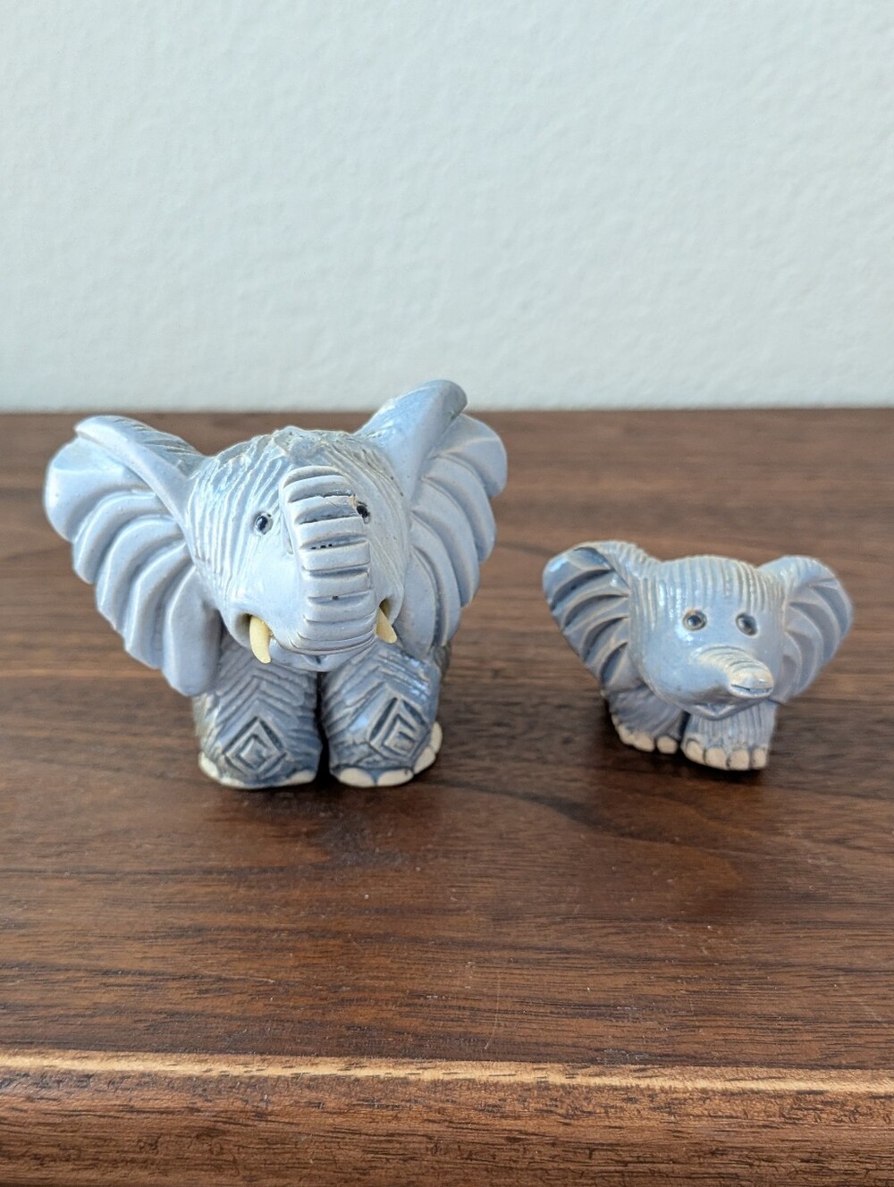 2 Artesania Rinconada Elephant w/ Tusk and Baby Elephant Figurines Blue Signed